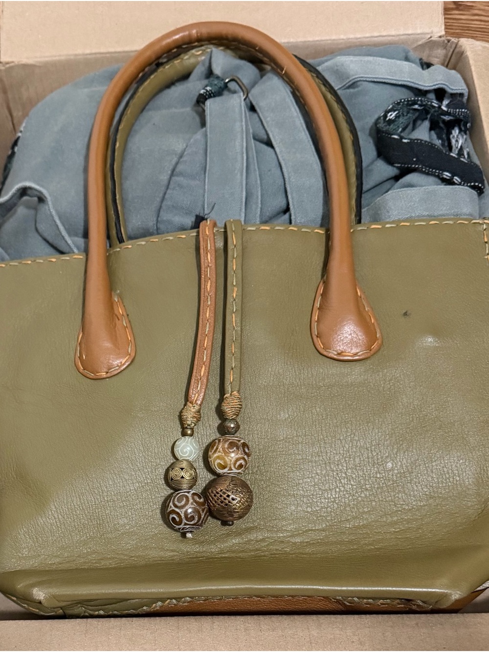 Olive Green Satchel with Tan Handles and Beaded Tassel
